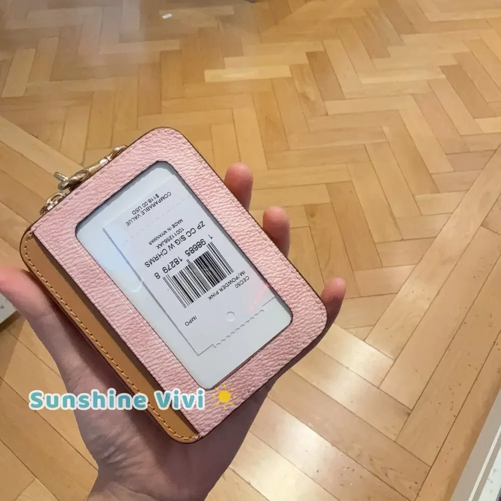 NWT Coach Zip Card Case In Signature Canvas With Charm Gold/Powder Pink CEC50 - Picture 3 of 7